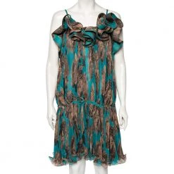 Stella McCartney Blue & Brown Printed Ruffled Short Dress M For Women