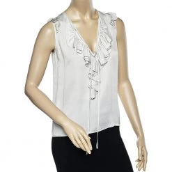 Stella McCartney Off White Silk Satin Ruffled Neck Top XS For Women -Stella McCartney Sales luxury women stella mccartney used clothes p559703 007
