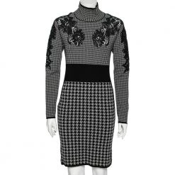 Stella McCartney Grey Houndstooth Patterned Wool & Lace Inset Dress M For Women