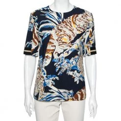 Stella McCartney Navy Blue Stretch Crepe Cat Print Blouse S For Women