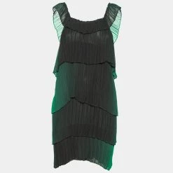 Stella McCartney Green Ombre Plisse Silk Tiered Short Dress M For Women