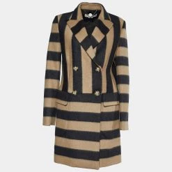 Stella McCartney Brown & Black Striped Wool Double Breasted Coat S For Women
