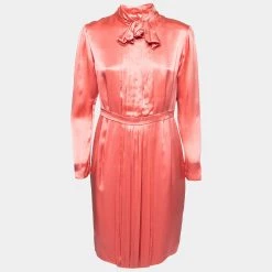 Stella McCartney Coral Pink Silk Satin Bow Detail Pleated Dress M For Women