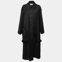 Stella McCartney Black Wool Fringe Trim Pockets Long Coat L For Women