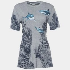 Stella McCartney Grey Shark Print Melange Cotton Crew Neck T-Shirt M For Women