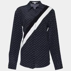 Stella McCartney Navy Blue Striped Monogram Print Silk Odette Shirt M For Women