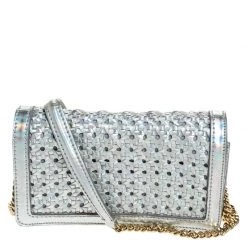 Stella McCartney Silver Holographic Woven Leather Flap Crossbody Bag For Women