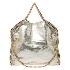 Stella McCartney Metallic Light Yellow Faux Crackle Leather Falabella Tote For Women