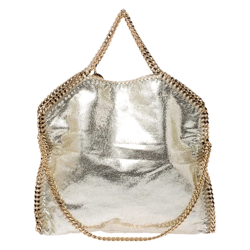 Stella McCartney Metallic Light Yellow Faux Crackle Leather Falabella Tote For Women 3 Stella McCartney Metallic Light Yellow Faux Crackle Leather Falabella Tote For Women