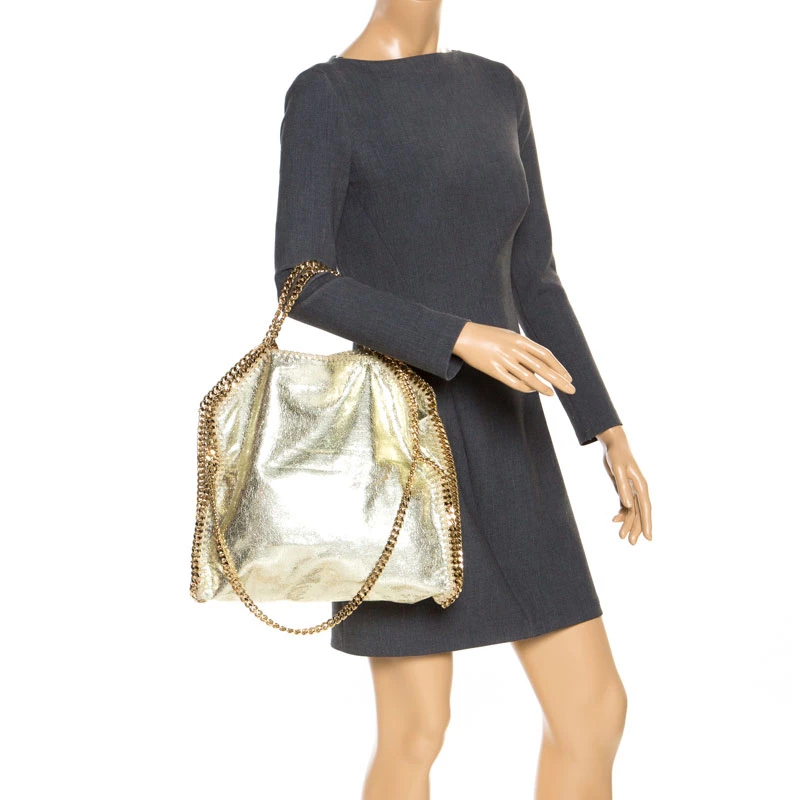 Stella McCartney Metallic Light Yellow Faux Crackle Leather Falabella Tote For Women 4 Stella McCartney Metallic Light Yellow Faux Crackle Leather Falabella Tote For Women - Image 2