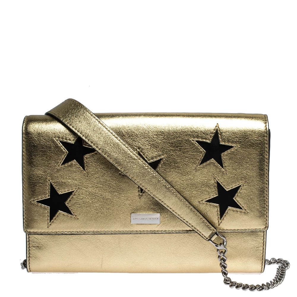 Stella McCartney Metallic Gold Faux Leather Star Flap Shoulder Bag For Women 3 Stella McCartney Metallic Gold Faux Leather Star Flap Shoulder Bag For Women