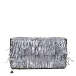 Stella McCartney Silver Faux Leather Falabella Fringed Fold Over Clutch For Women
