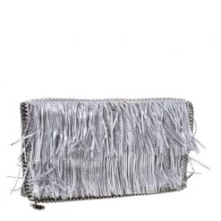 Stella McCartney Silver Faux Leather Falabella Fringed Fold Over Clutch For Women -Stella McCartney Sales luxury women stella mccartney used handbags p309151 005