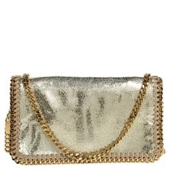 Stella McCartney Metallic Gold Faux Leather Falabella Flap Crossbody Bag For Women