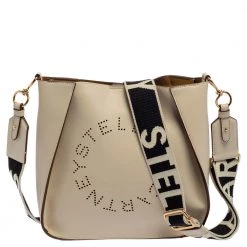 Stella McCartney Cream Faux Leather Perforated Logo Messenger Bag For Women