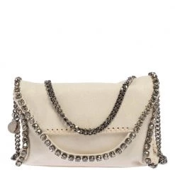 Stella McCartney White Faux Leather Mini Crystal Trim Falabella Shaggy Deer Shoulder Bag For Women