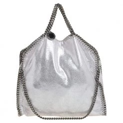 Stella McCartney Silver Shimmery Faux Leather Small Falabella Tote For Women