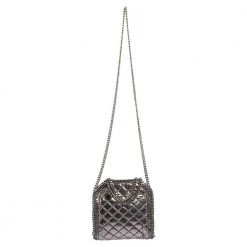 Stella McCartney Metallic Silver Faux Patent Leather Tiny Falabella Crossbody Bag For Women