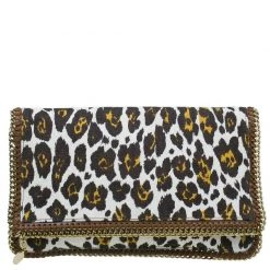 Stella Mccartney Leopard Print Canvas Faux Leather Trim Foldover Clutch For Women