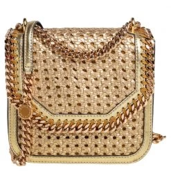 Stella McCartney Sales 18 Stella McCartney Metallic Gold Woven Faux Leather Medium Falabella Box Shoulder Bag For Women