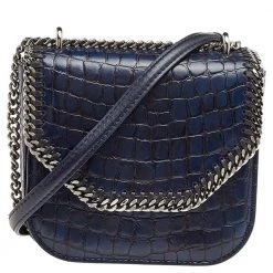 Stella McCartney Navy Blue Croc Embossed Faux Leather Falabella Star Box Bag For Women