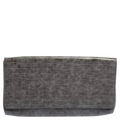 Stella McCartney Grey Faux Croc Leather Oversized Flap Clutch For Women