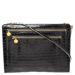 Stella McCartney Black Croc Embossed Faux Leather Clutch Bag For Women