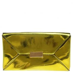 Stella McCartney Yellow Metallic Faux Leather Beckett Envelope Clutch For Women
