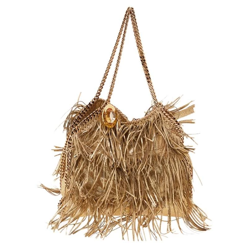 Stella McCartney Gold Faux Leather Fringe Falabella Shoulder Bag For Women 3 Stella McCartney Gold Faux Leather Fringe Falabella Shoulder Bag For Women