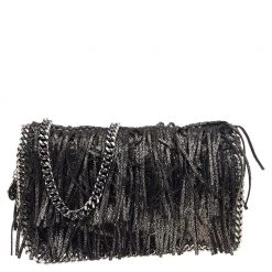 Stella McCartney Metallic Black Faux Leather Fringe Fallabella Crossbody Bag For Women