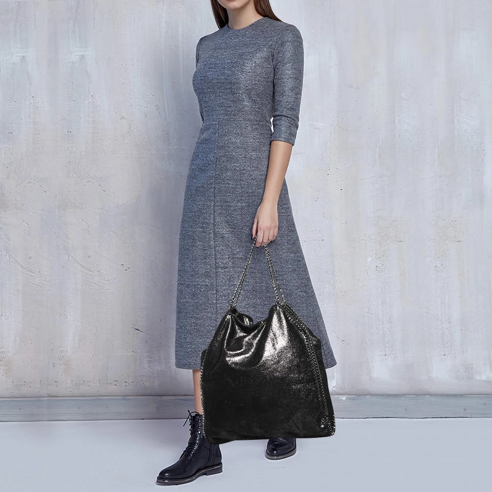 Stella McCartney Black Shimmering Faux Suede Large Falabella Tote For Women 4 Stella McCartney Black Shimmering Faux Suede Large Falabella Tote For Women - Image 2