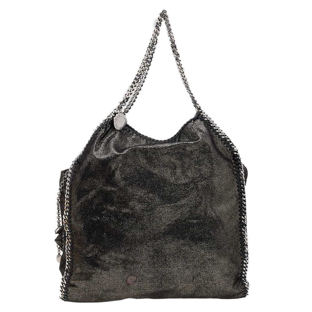 Stella McCartney Black Shimmering Faux Suede Large Falabella Tote For Women 3 Stella McCartney Black Shimmering Faux Suede Large Falabella Tote For Women
