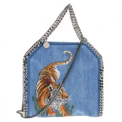 Stella McCartney Blue Denim Tiger Embroidered Mini Falabella Tote For Women