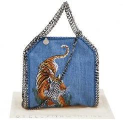 Stella McCartney Blue Denim Tiger Embroidered Mini Falabella Tote For Women -Stella McCartney Sales luxury women stella mccartney used handbags p556195 008