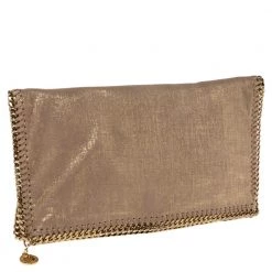 Stella McCartney Gold/Beige Shimmering Fabric Falabella Foldover Clutch For Women -Stella McCartney Sales luxury women stella mccartney used handbags p580969 012