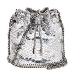 Stella McCartney Metallic Silver Faux Python Leather Falabella Bucket Bag For Women