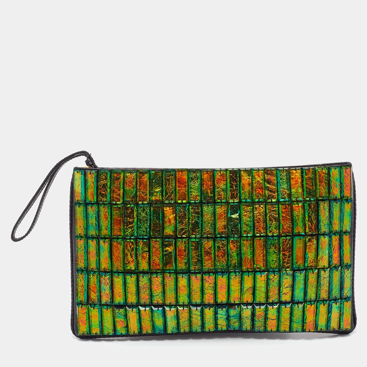 Stella McCartney Black Faux Lizard Embossed Leather Crystal Embellished Wristlet Clutch For Women 3 Stella McCartney Black Faux Lizard Embossed Leather Crystal Embellished Wristlet Clutch For Women