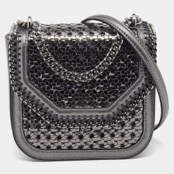 Stella McCartney Metallic Grey Woven Faux Leather Falabella Box Shoulder Bag For Women
