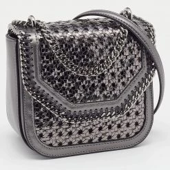 Stella McCartney Metallic Grey Woven Faux Leather Falabella Box Shoulder Bag For Women -Stella McCartney Sales luxury women stella mccartney used handbags p638465 009