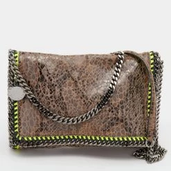 Stella McCartney Brown/Neon Green Faux Snakeskin Leather Falabella Crossbody Bag For Women