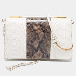 Stella McCartney White/Green Faux Snakeskin Effect Leather Flo Shoulder Bag For Women