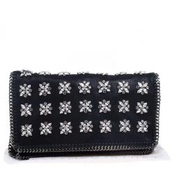 Stella McCartney Black Faux Leather Crystal Embellished Foldover Clutch For Women -Stella McCartney Sales luxury women stella mccartney used handbags p91862 0009