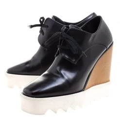 Stella McCartney Black Faux Leather Leana Wooden Wedge Lace-Up Oxfords Size 38 For Women -Stella McCartney Sales luxury women stella mccartney used shoes p101732 0004