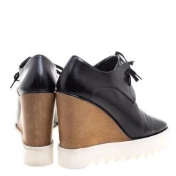Stella McCartney Black Faux Leather Leana Wooden Wedge Lace-Up Oxfords Size 38 For Women -Stella McCartney Sales luxury women stella mccartney used shoes p101732 0005