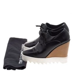 Stella McCartney Black Faux Leather Leana Wooden Wedge Lace-Up Oxfords Size 38 For Women -Stella McCartney Sales luxury women stella mccartney used shoes p101732 0008