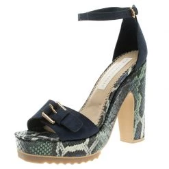 Stella McCartney Blue Faux Suede And Python Print Platform Ankle Strap Sandals Size 39 For Women