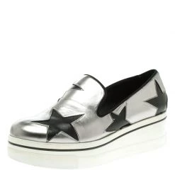 Stella McCartney Grey Metallic Faux Leather Binx Star Platform Slip On Sneakers Size 38 For Women