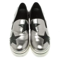 Stella McCartney Grey Metallic Faux Leather Binx Star Platform Slip On Sneakers Size 38 For Women -Stella McCartney Sales luxury women stella mccartney used shoes p109322 003