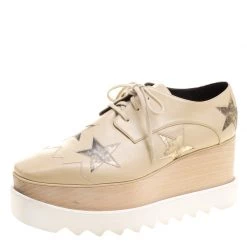 Stella McCartney Beige Faux Leather Elyse Star Platform Lace Up Derby Size 38 For Women