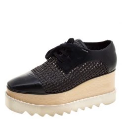 Stella McCartney Black Woven Faux Leather Canyon Wicker Elyse Platform Brogues Size 36.5 For Women